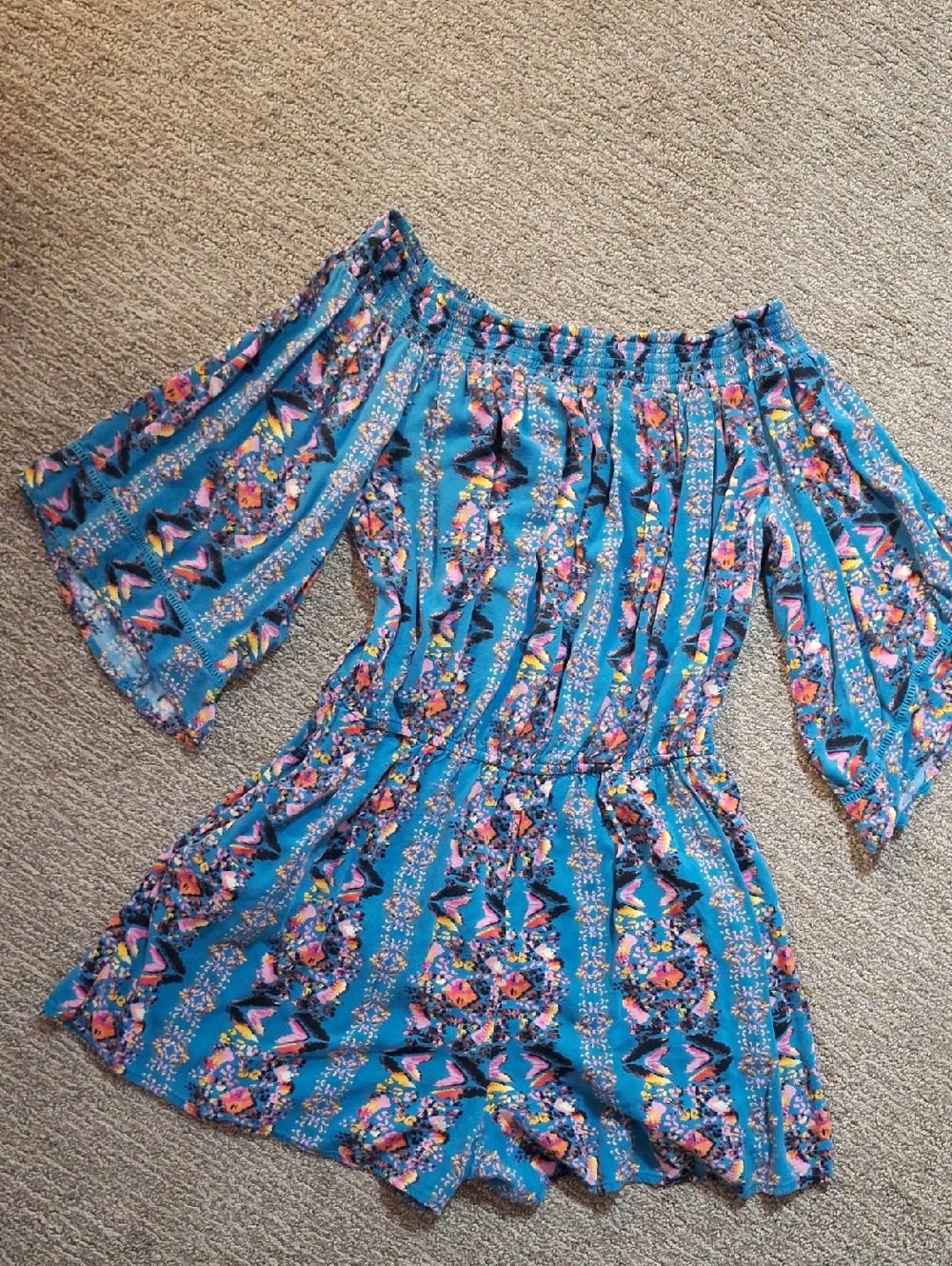 Xhilaration Teal Floral Smocked Neck Blouse